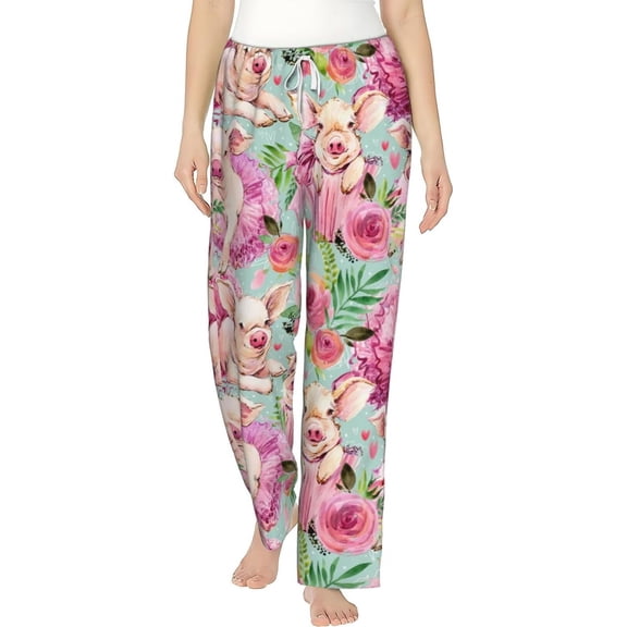 PISONIC Cute Pig Watercolor Printed Women's Pajama Pants, Comfy Pajama Bottoms With Pockets&Drawstring