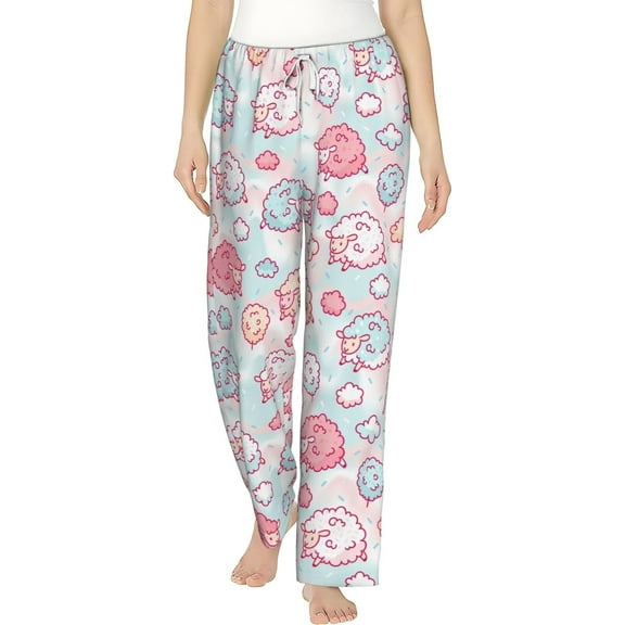 PISONIC Cute Sheep and Cotton Candy Printed Women's Pajama Pants, Comfy Pajama Bottoms With Pockets&Drawstring