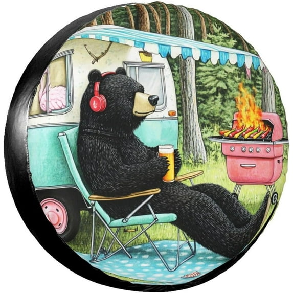 PISONIC Cute Summer Camp Bear Spare Tire Cover Weatherproof Universal Wheel Protectors for RV Camper Travel Trailer SUV Truck 16 inch