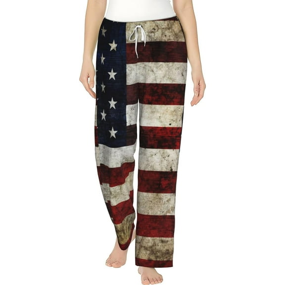 PISONIC Damaged American Flag Printed Women's Pajama Pants, Comfy Pajama Bottoms With Pockets&Drawstring