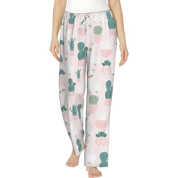 PISONIC Doodle Alpaca With Cactus Printed Women's Pajama Pants, Comfy Pajama Bottoms With Pockets&Drawstring