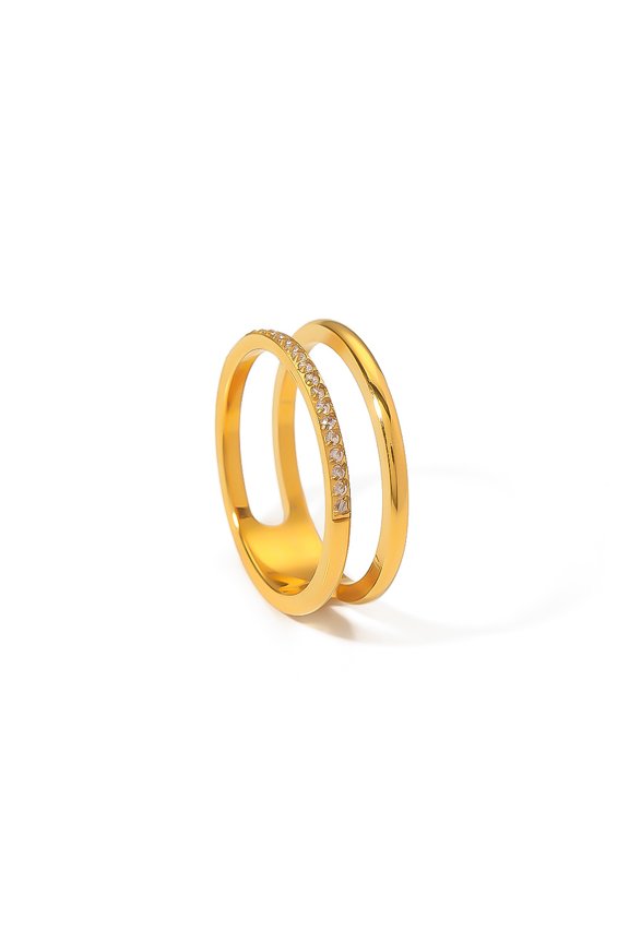 Double Band Intertwined Half Paved CZ Ring for Women, 18K Gold Plated Tarnish Resistant Stainless Steel Minimal Hollow Stackable Finger Jewelry