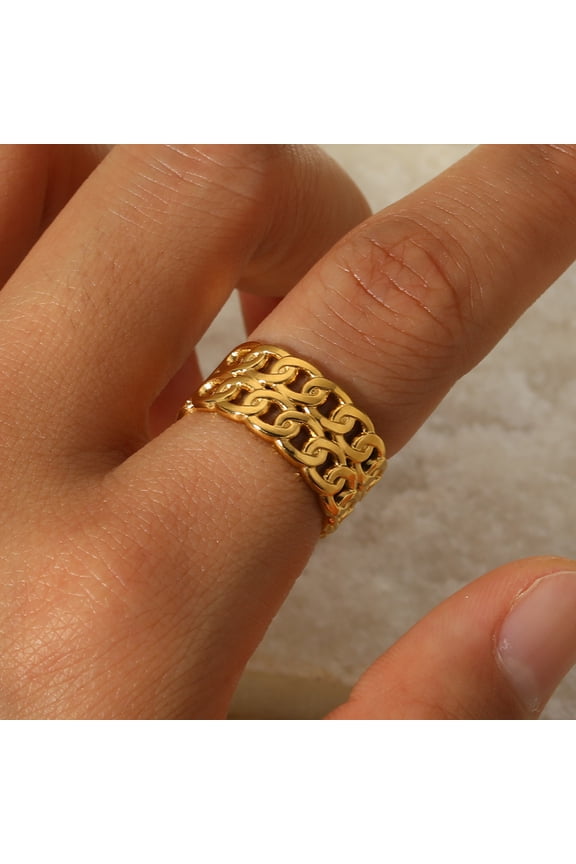 Double Layer Hollow Chain Open Cuff Statement Ring for Women, 18K Gold Plated Tarnish Resistant Stainless Steel Adjustable Luxury Wide Band Finger Jewelry