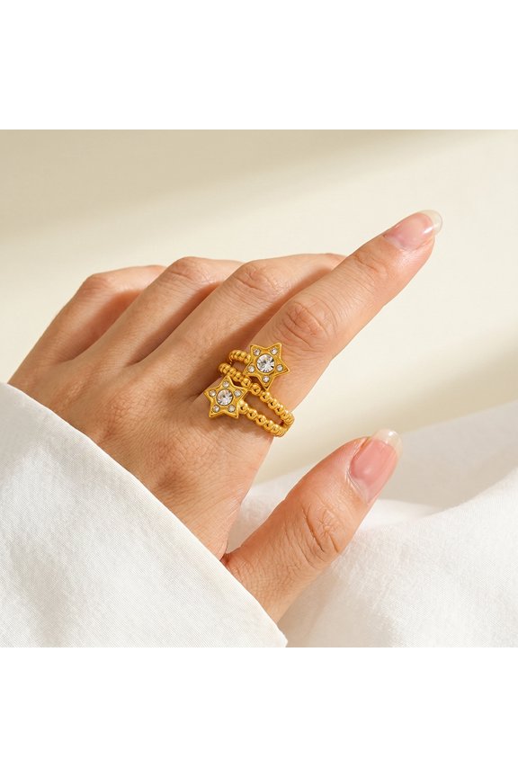 Double Star Rhinestone Beaded Double Layer Open Ring for Women, 18K Gold Plated Tarnish Resistant Stainless Steel Niche Luxury Adjustable Stackable Finger Jewelry