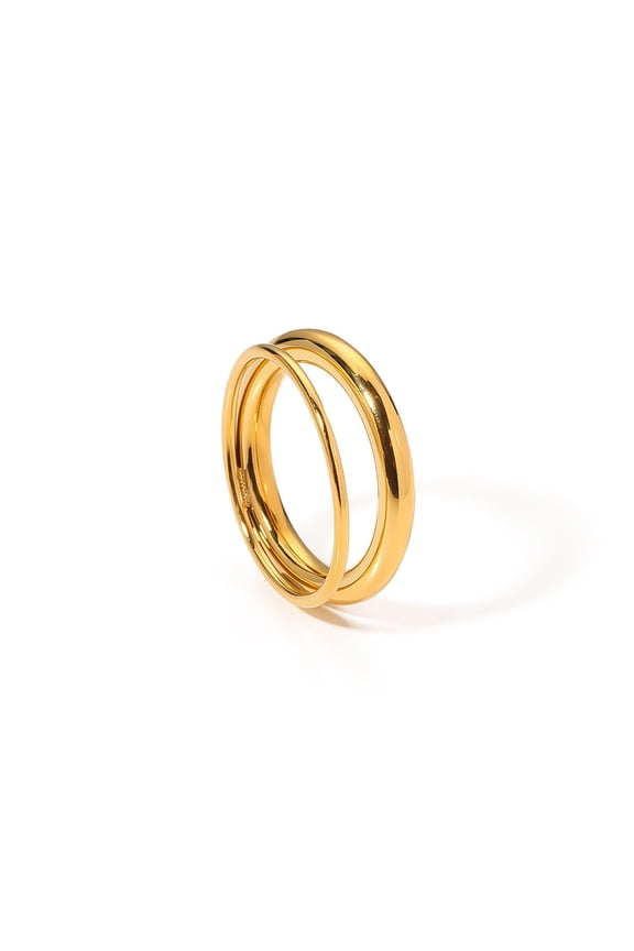 Dual Layer Stackable Plain Band Ring for Women, 18K Gold Plated Tarnish Resistant Stainless Steel Minimal High-End Hollow Double Circle Finger Jewelry