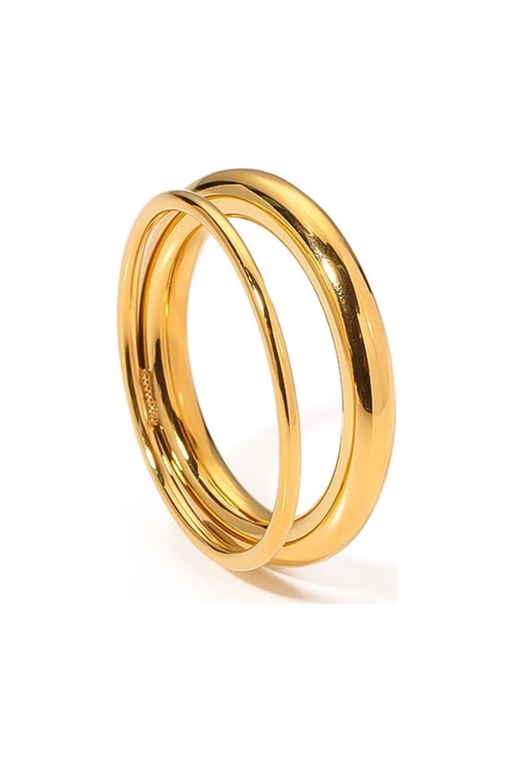 Dual Layer Stackable Plain Band Ring for Women, 18K Gold Plated Tarnish Resistant Stainless Steel Minimal High-End Hollow Double Circle Finger Jewelry