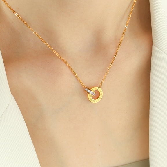 PISONIC Elegant Zircon Double Rings Pendant Necklace, 18K Gold Plated Chain Necklace Jewelry For Women