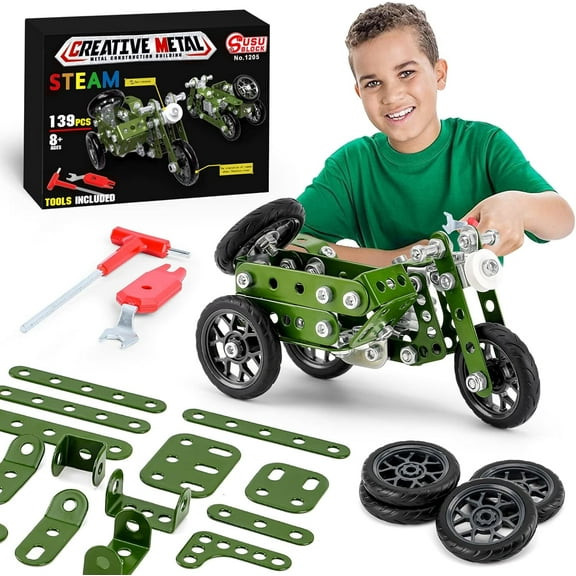 PISONIC Erector Set Building Blocks Motor Tricycle Set-139 Pieces DIY Building Stem Projects Toys for Kids Boys Ages 8-14,Metal Building Blocks Set Gifts for Model Military Motorcycle Fans