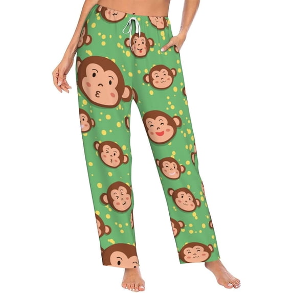 PISONIC Face of Cute Monkey Printed Women's Pajama Pants, Comfy Pajama Bottoms With Pockets&Drawstring