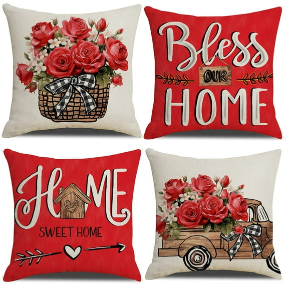 PISONIC Fall Floral Home Sweet Home Throw Pillow Covers 18x18 Inch Set of 4, Bless Our Home Cushion Case Decoration Farmhouse Decor for Couch Sofa