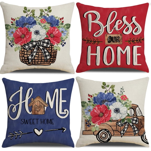 PISONIC Fall Floral Home Sweet Home Throw Pillow Covers 18x18 Inch Set of 4, Bless Our Home Cushion Case Decoration Farmhouse Decor for Couch Sofa
