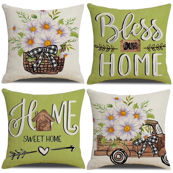 PISONIC Fall Floral Home Sweet Home Throw Pillow Covers 18x18 Inch Set of 4, Bless Our Home Cushion Case Decoration Farmhouse Decor for Couch Sofa