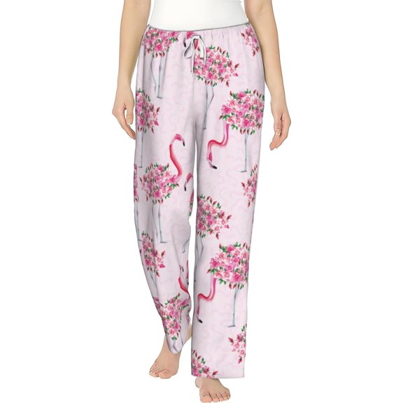PISONIC Flamingo Body of Roses Flowers Printed Women's Pajama Pants, Comfy Pajama Bottoms With Pockets&Drawstring