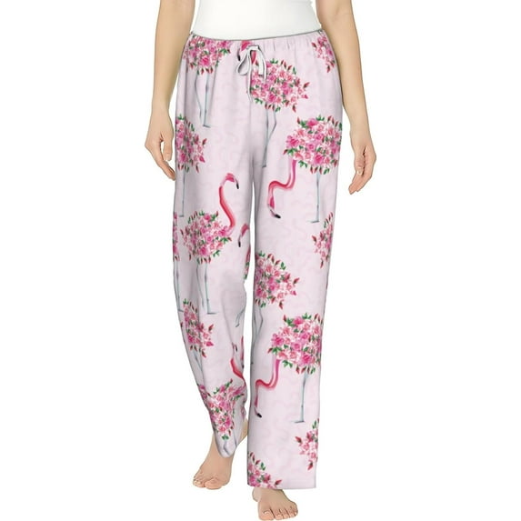 PISONIC Flamingo Body of Roses Flowers Printed Women's Pajama Pants, Comfy Pajama Bottoms With Pockets&Drawstring