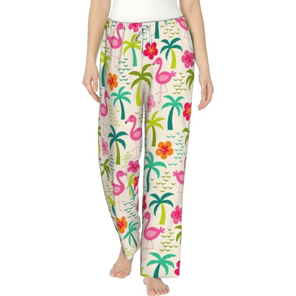PISONIC Flamingo Palm Tree Printed Women's Pajama Pants, Comfy Pajama Bottoms With Pockets&Drawstring