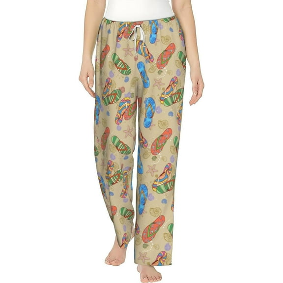 PISONIC Flip Flops Seashell Printed Women's Pajama Pants, Comfy Pajama Bottoms With Pockets&Drawstring