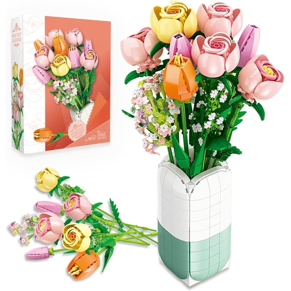 PISONIC Flowers Bouquet Building Set with Vase, Tulips & Roses Artificial Flowers Botanical Collection Home Decor, Christmas Valentine's Day Birthday Mother's Day Gift
