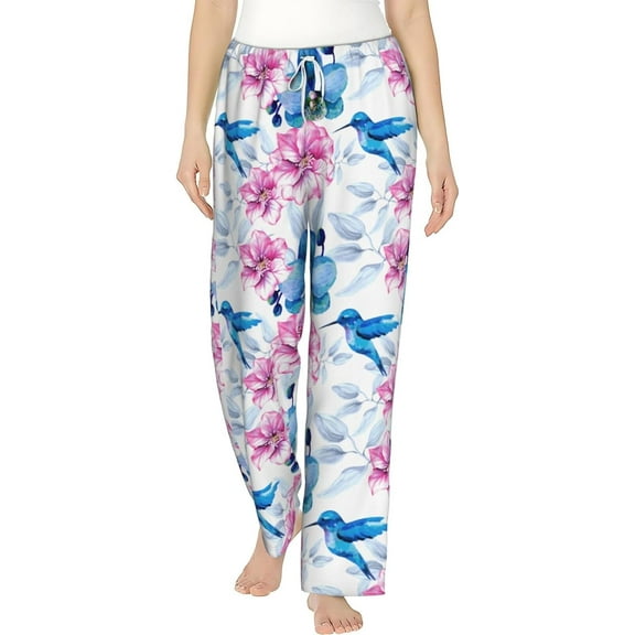 PISONIC Flowers and Hummingbirds Printed Women's Pajama Pants, Comfy Pajama Bottoms With Pockets&Drawstring
