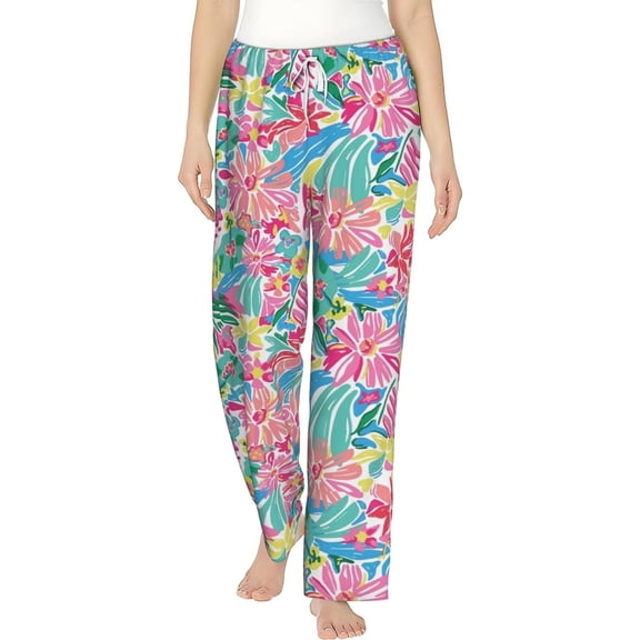 PISONIC Flowers and Palm Printed Women's Pajama Pants, Comfy Pajama Bottoms With Pockets&Drawstring