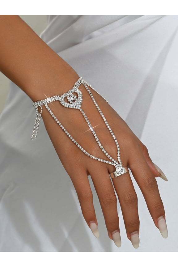 Full Rhinestone Butterfly Link Chain Crystal Finger Bracelet with Ring Bracelet Link with Ring Bracelet Accessories Party for Women