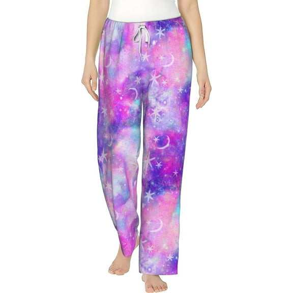 PISONIC Galaxy Moon Stars Printed Women's Pajama Pants, Comfy Pajama Bottoms With Pockets&Drawstring