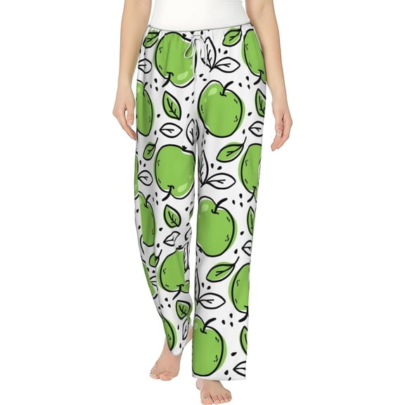PISONIC Green Apples With Leaves Printed Women's Pajama Pants, Comfy Pajama Bottoms With Pockets&Drawstring