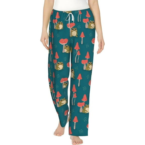 PISONIC Green Frog and Mushrooms Printed Women's Pajama Pants, Comfy Pajama Bottoms With Pockets&Drawstring