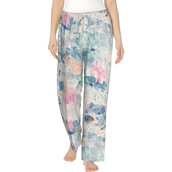 PISONIC Green Leaves Printed Women's Pajama Pants, Comfy Pajama Bottoms With Pockets&Drawstring