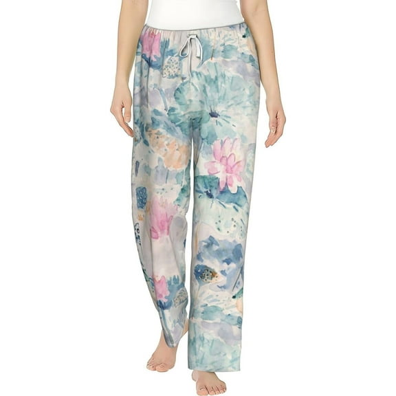 PISONIC Green Leaves Printed Women's Pajama Pants, Comfy Pajama Bottoms With Pockets&Drawstring