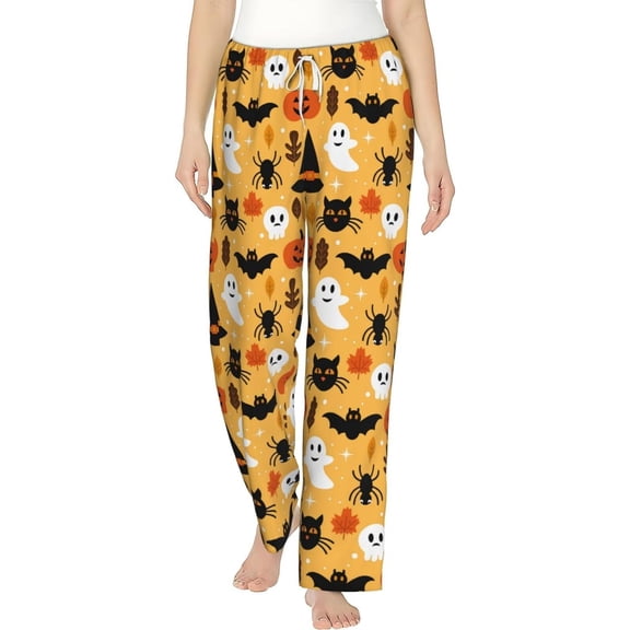 PISONIC Halloween Ghost Pumpkin Printed Women's Pajama Pants, Comfy Pajama Bottoms With Pockets&Drawstring