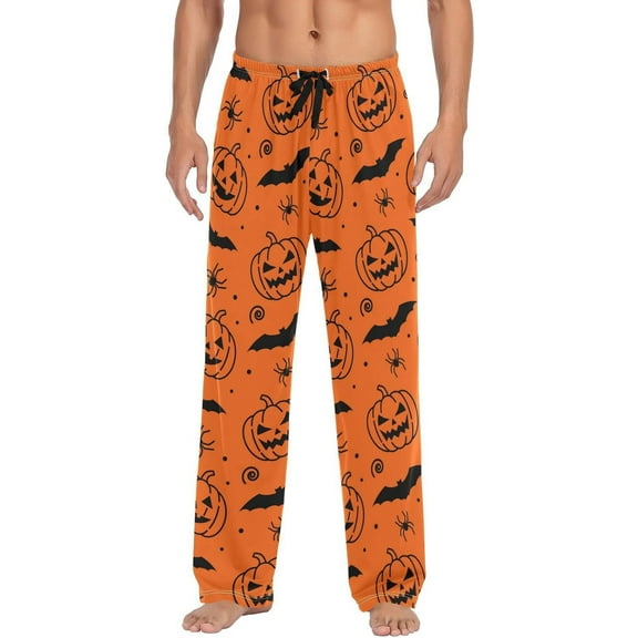 PISONIC Halloween Pumpkin Bats Mens Pajama Pants Lounge Men's Pajama Bottoms Soft Sleep Pants With Pockets Drawstring