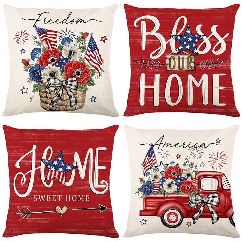 PISONIC Happy Independence Day Throw Pillow Covers 18x18 Inch Set of 4