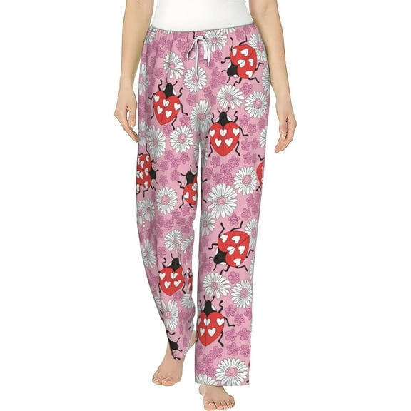 PISONIC Heart Shape Lady Bug Printed Women's Pajama Pants, Comfy Pajama Bottoms With Pockets&Drawstring