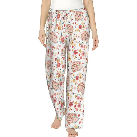 PISONIC Hedgehog Floral Printed Women's Pajama Pants, Comfy Pajama Bottoms With Pockets&Drawstring