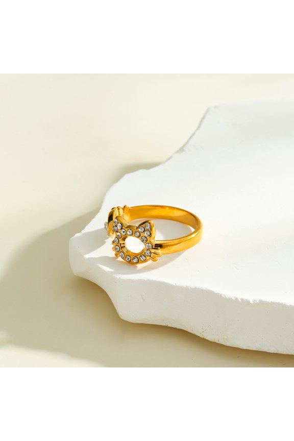 Hollow Cat & Fish Bone Rhinestone Open Cuff Ring for Women, 18K Gold Plated Tarnish Resistant Stainless Steel Cute Animal Adjustable Statement Finger Jewelry