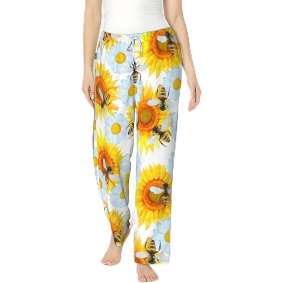 PISONIC Honeybees With Daisy Flowers Printed Women's Pajama Pants, Comfy Pajama Bottoms With Pockets&Drawstring
