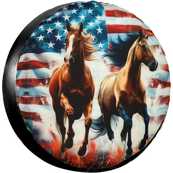 PISONIC Horses American Flag Spare Tire Cover Weatherproof Universal Wheel Protectors for RV Camper Travel Trailer SUV Truck 15 inch