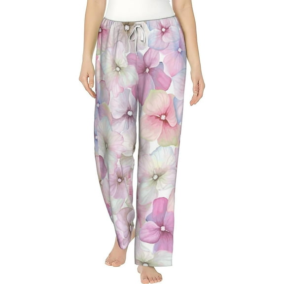 PISONIC Hydrangea Pattern Printed Women's Pajama Pants, Comfy Pajama Bottoms With Pockets&Drawstring