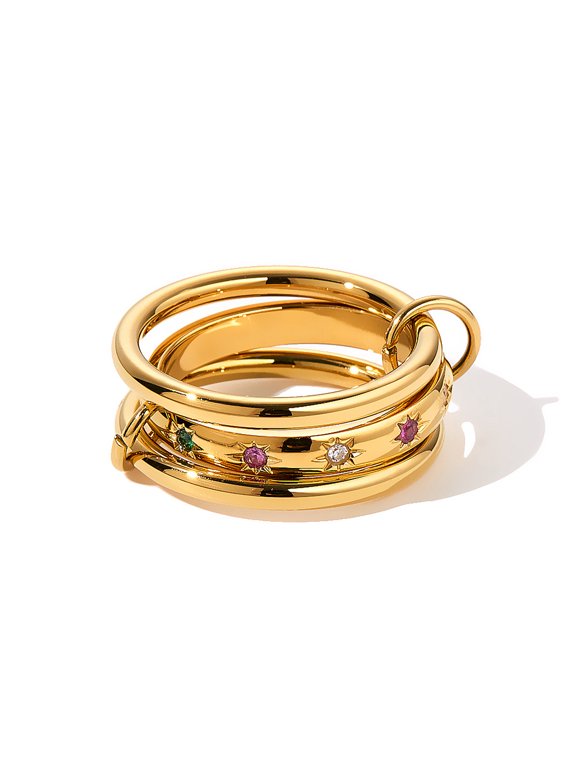 Interlocked Triple Star Colorful CZ Stackable Ring for Women, 18K Gold Plated Tarnish Resistant Stainless Steel Vintage Geometric Light Luxury Linked Finger Jewelry