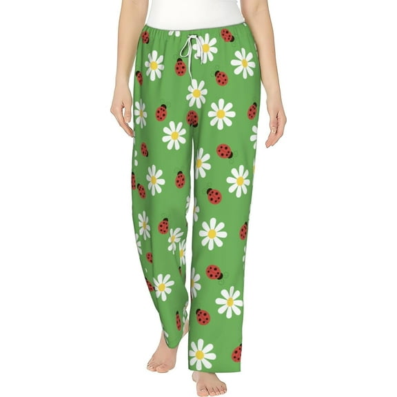 PISONIC Ladybugs and Flowers Printed Women's Pajama Pants, Comfy Pajama Bottoms With Pockets&Drawstring