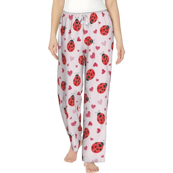PISONIC Ladybugs and Hearts Printed Women's Pajama Pants, Comfy Pajama Bottoms With Pockets&Drawstring