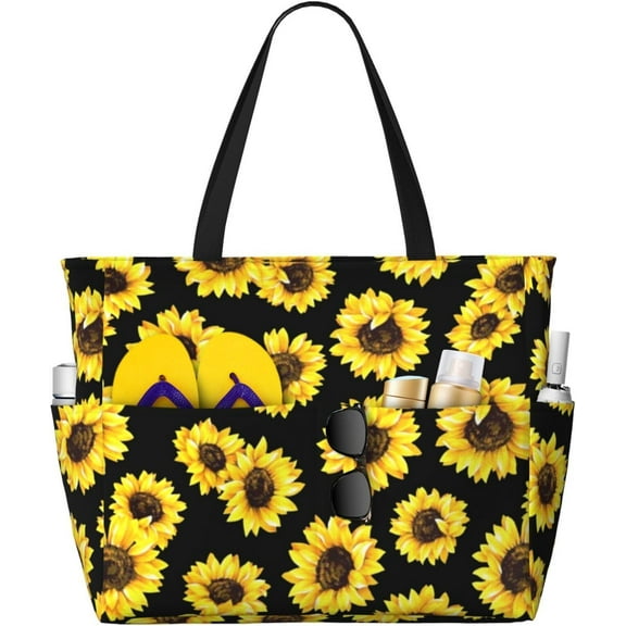 PISONIC Large Beach Travel Bag for Women, Beautiful Sunflower Printed Waterproof Sandproof Tote Bag with Zipper for Beach Vacation Travel Gym