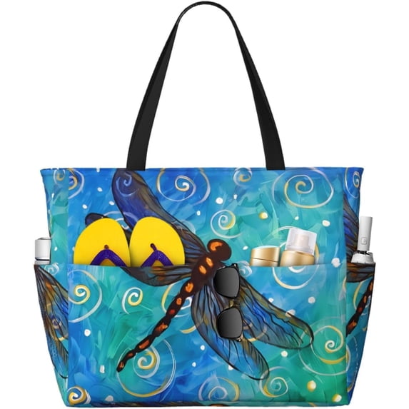 PISONIC Large Beach Travel Bag for Women, Blue Dragonfly Printed Waterproof Sandproof Tote Bag with Zipper for Beach Vacation Travel Gym