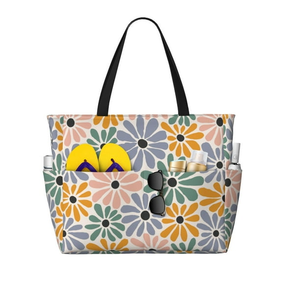 PISONIC Large Beach Travel Bag for Women, Colorful Boho Flowers Printed Waterproof Sandproof Tote Bag with Zipper for Beach Vacation Travel Gym