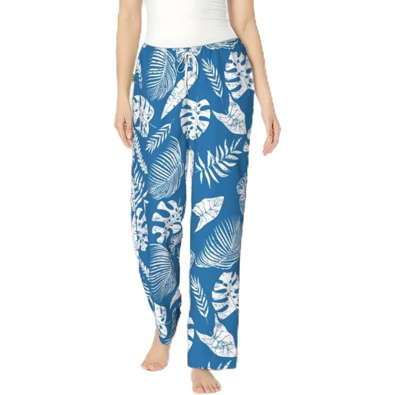PISONIC Leaves With Flowers Printed Women's Pajama Pants, Comfy Pajama Bottoms With Pockets&Drawstring