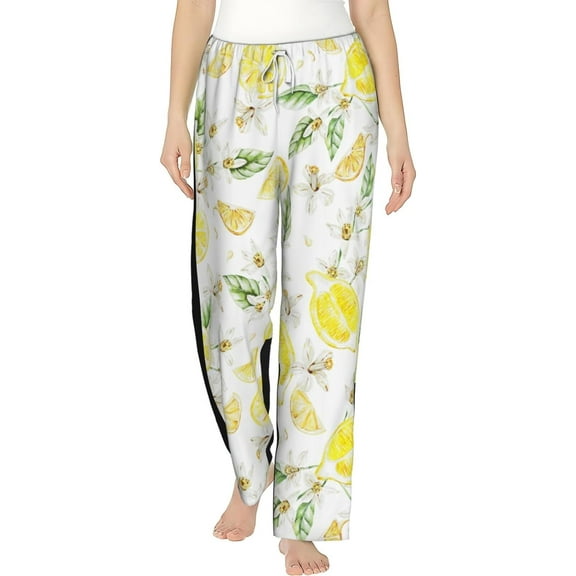 PISONIC Lemon Fruits and Flowers Printed Women's Pajama Pants, Comfy Pajama Bottoms With Pockets&Drawstring