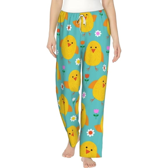 PISONIC Little Yellow Chicken With Floral Printed Women's Pajama Pants, Comfy Pajama Bottoms With Pockets&Drawstring