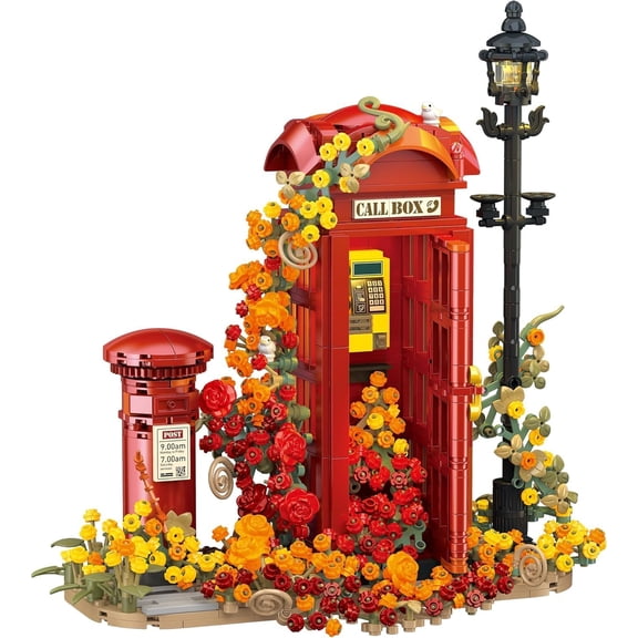 PISONIC London Retro Red Telephone Booth Architecture Set with LED Lighting, Creative Romantic Floral Phone Box for Home Room Office Table Decor, Adult Collector Decor