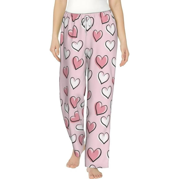 PISONIC Love Heart Printed Women's Pajama Pants, Comfy Pajama Bottoms With Pockets&Drawstring