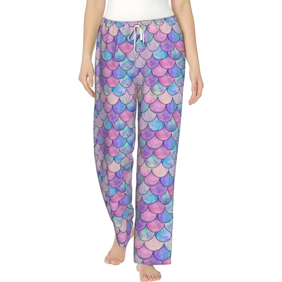 PISONIC Mermaid Scales Printed Women's Pajama Pants, Comfy Pajama Bottoms With Pockets&Drawstring